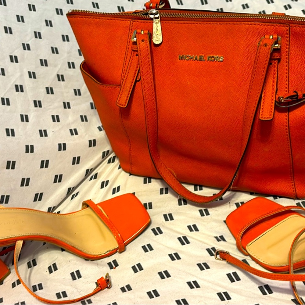 Michael Kors Bold Orange Handbag and Sandals Set